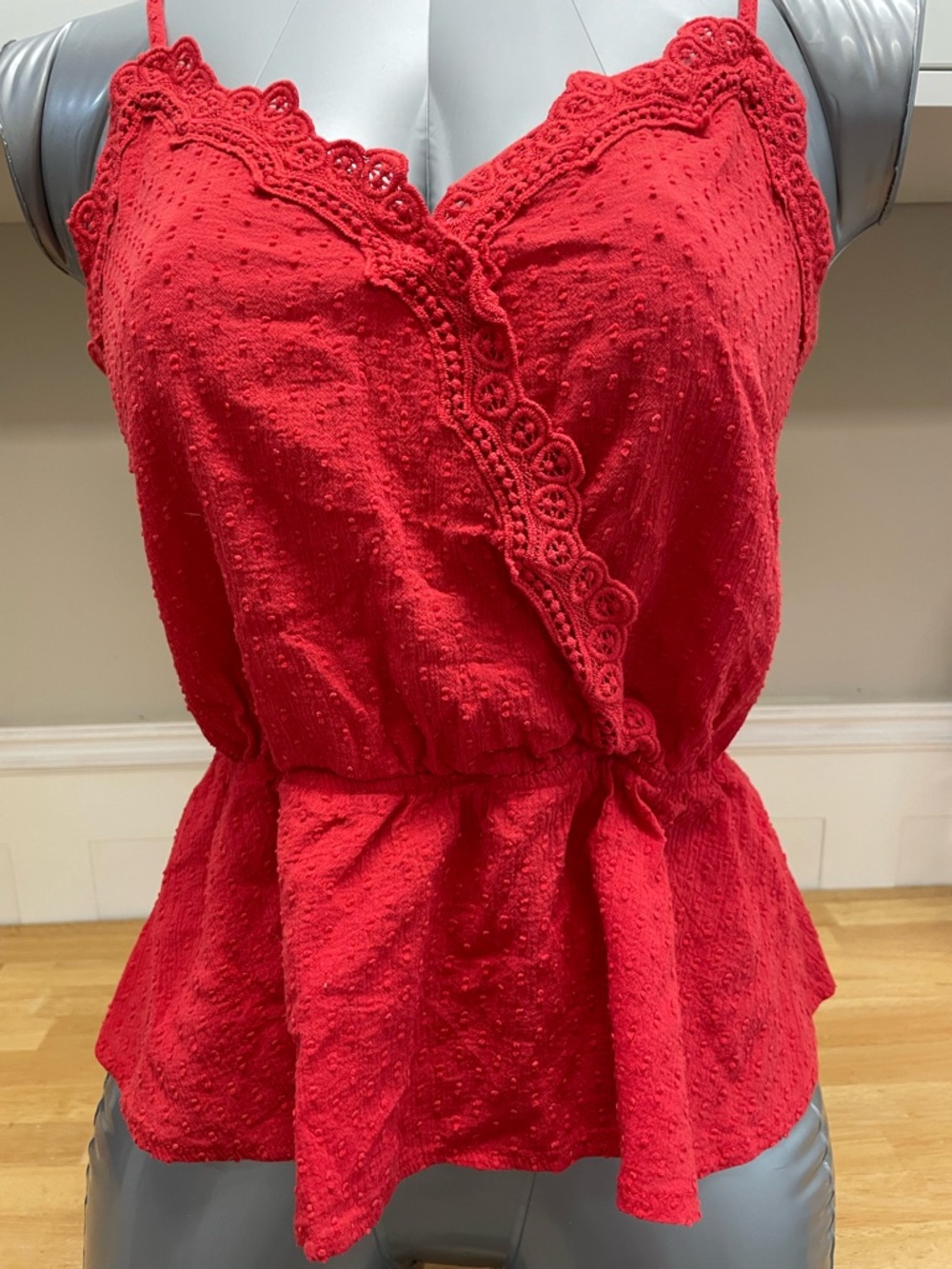 E&M Small Bright Red Peplum Camisole Cotton adjustable straps